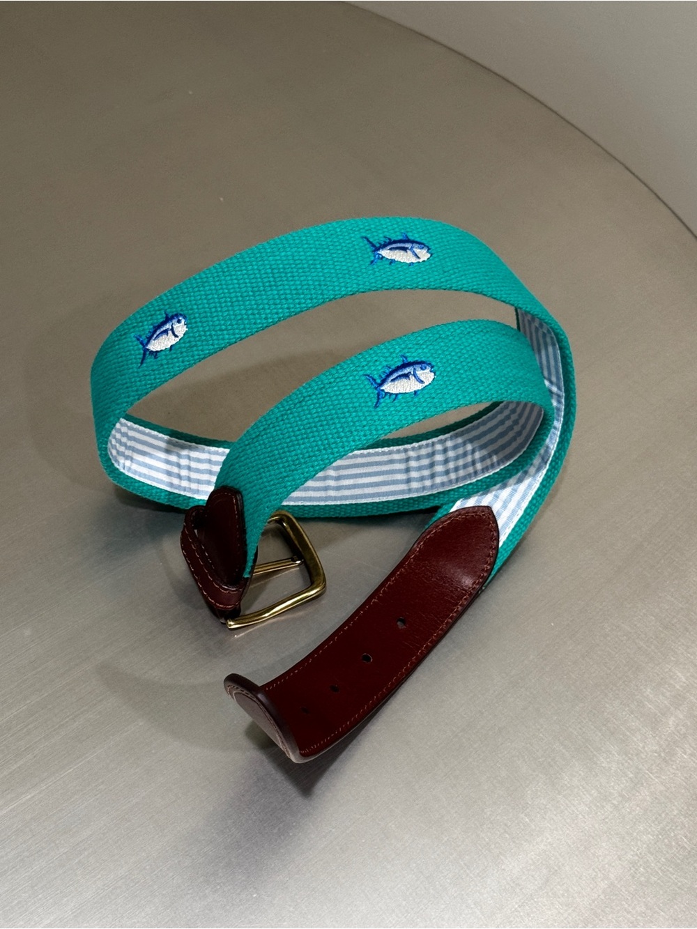 Southern Tide NWT 38 Teal Blue SkipjackEmbroidered Web Belt - Picture 3 of 7